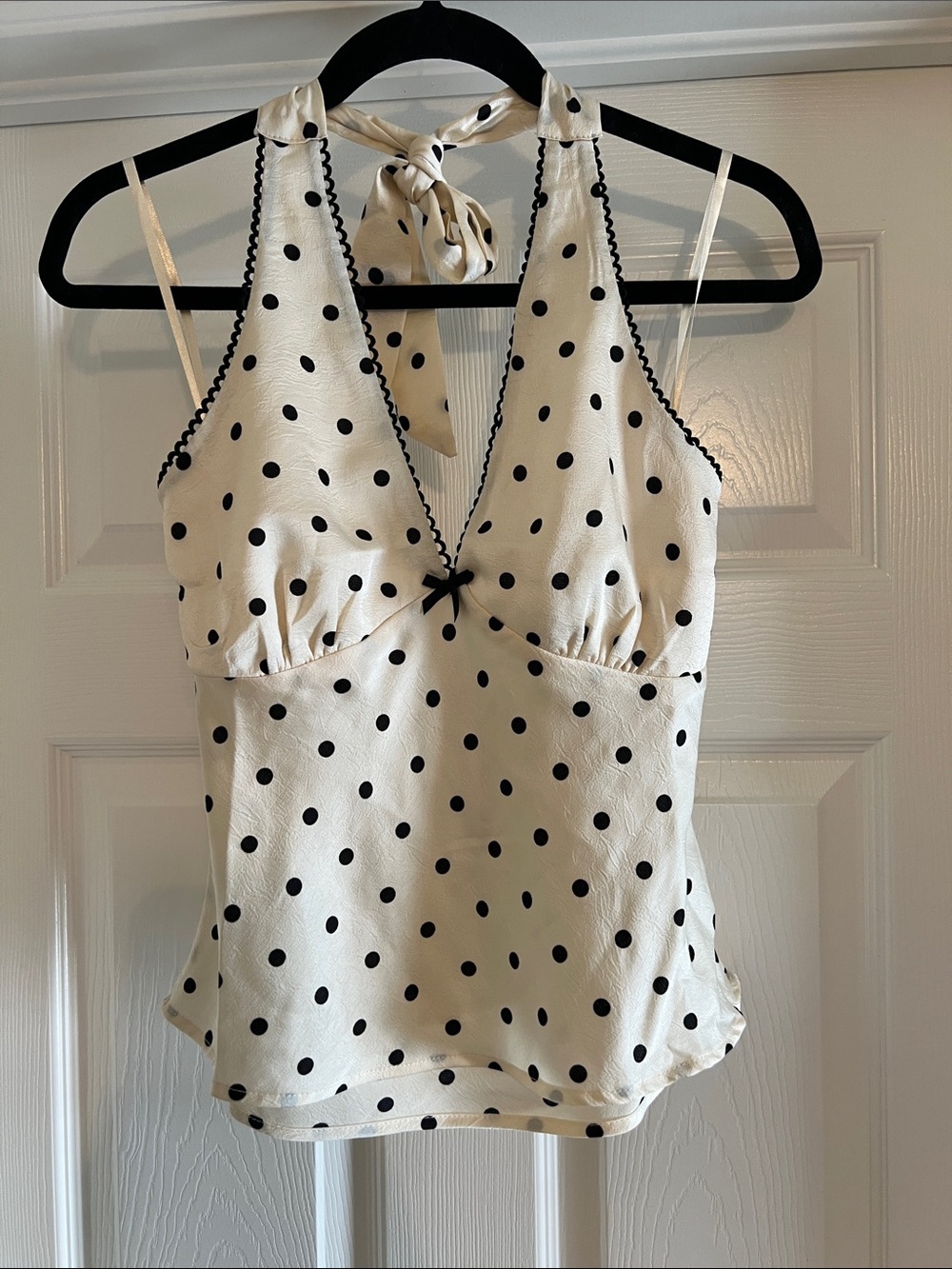 Monteau Polka Dot Women’s Silk Halter Top in Ivory and Black, Medium